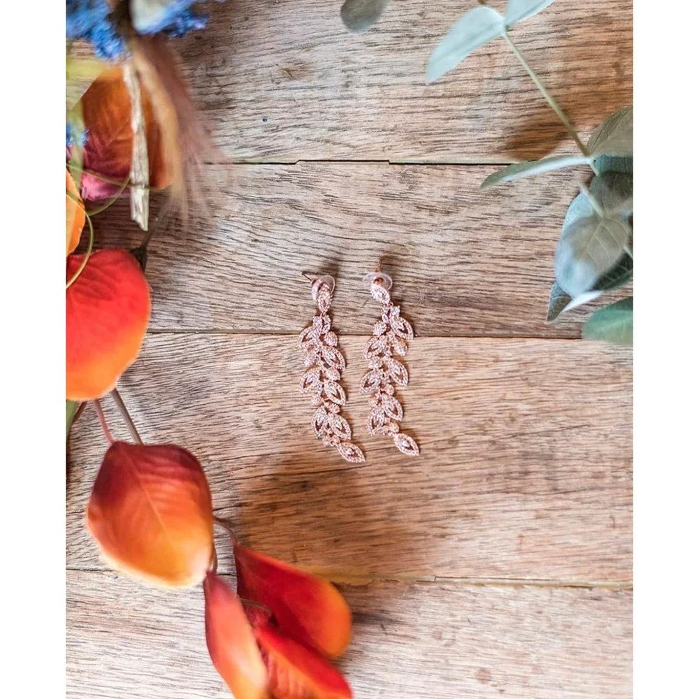 14K Gold Plated Leaflet Special Occasion Dangle Drop Earrings - Picture 6 of 10